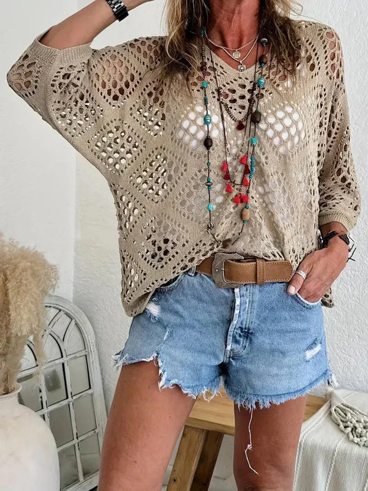 💐Spring Day Sale ⚡50K+ SOLD!✨Womens Bohemian-Inspired Beige Crochet Top with V-Neck