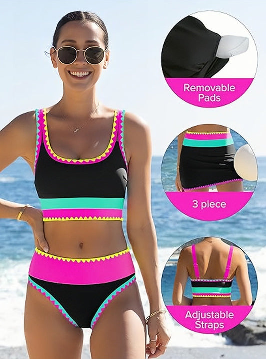 🎁New arrival 50% OFF💥🌼Color Block Patchwork Nylon Sporty 3-Piece Bikini Set - High Waisted & Tummy Control Swimsuit👙🌈