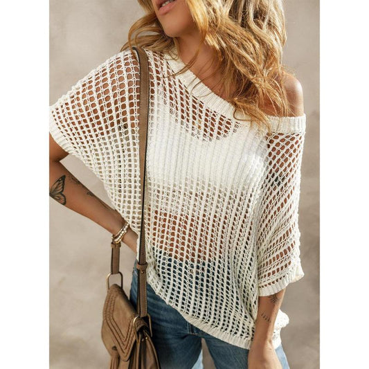 🏆LAST DAY SALE 50% OFF🔥Womens Summer Scoop Neck ShortSleeve Sweater Casual Crochet Hollow Out Knit Top