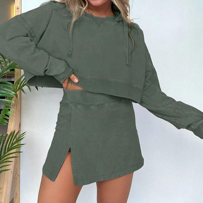 Women’s Washed Hooded Cropped Sweatshirt and Short Skirt 2-piece Set