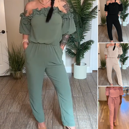 Off-the-shoulder ruffle jumpsuit | Relaxed and refined at the touch of a button