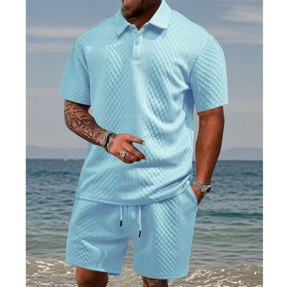 🔥Hot Sale 58% Off💥Men’s Diamond Pattern Turn-Down Collar Short Sleeve Top & Drawstring Shorts 2-Piece Set