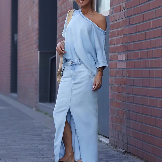 💜LAST DAY PROMOTION - 56%OFF💜Women's Diagonal Shoulder Top with Split Denim Long Skirt