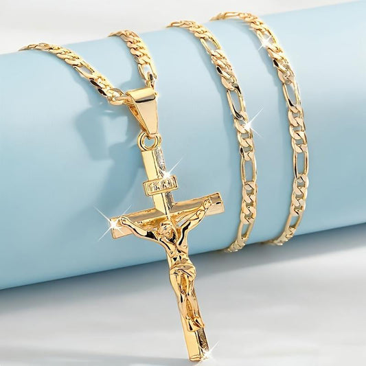 ✝️ 45% OFF! ✨ Gold Crucifix Necklace – Detailed INRI Motif, Adjustable Figaro Chain & Sparkling Finish 💛