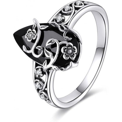💎 60% OFF BOHEMIAN VINTAGE RING! 💎 Floral Vine Design, Black Teardrop Gem & Sparkling Accents for Timeless Elegance✨
