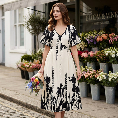 👗 49% OFF NOW! 🌿 Soft Botanical Print V-Neck Midi Dress – Elegant, Lightweight & Versatile for Any Occasion 🌸