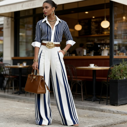 🎁New arrival 49% OFF💥 Women's Striped Shirt & Wide-Leg Pants 2-Piece Set