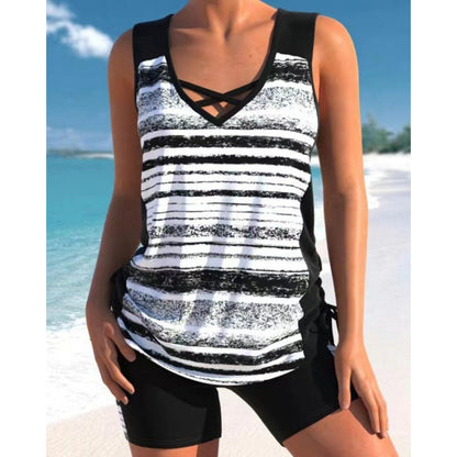 🏊‍♀️51% OFF NOW! 👙 Women's Printed Two-Piece Tankini Swimsuit – Adjustable Ruched Sides, Full Coverage & Stylish Criss-Cross Neckline ✨