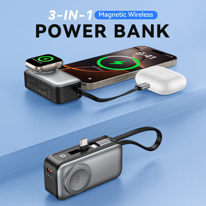📱 3-in-1 Magnetic Power Bank – Wireless Charging, Built-in Cables & Compact Design ✈️