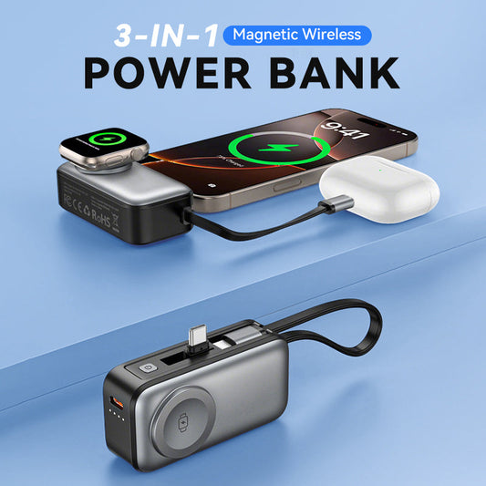 📱 3-in-1 Magnetic Power Bank – Wireless Charging, Built-in Cables & Compact Design ✈️