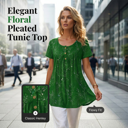 📢⏰Limited Time Offer-50% Off🦋Women's Floral Print Pleated Tunic Top-Elegance that moves with you.🌸