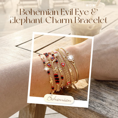 📿 LIMITED-TIME 50% OFF! ✨ Bohemian Evil Eye Bracelet – Elephant & Hamsa Charms, Gold-Tone, Adjustable ✨