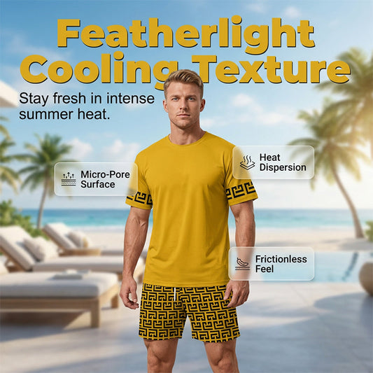 👕 50% OFF! 💛 Men's yellow graphic print short-sleeve workout set – Comfortable, sporty, and perfect for workouts and leisure – Pilling-resistant & breathable cotton 🔥