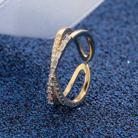 💍 50% OFF NOW!✨ Adjustable Double Layer Criss-Cross Ring – Mixed-Cut Stones & Gold Tone – Elegant Stacked Look Jewelry 🥂