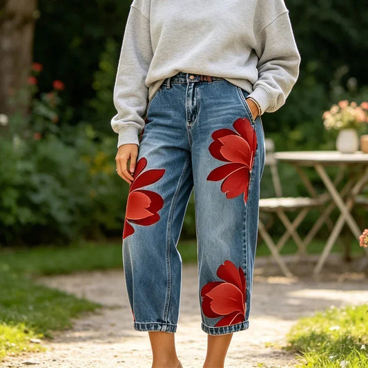 🎁2026 New Arrivals 50% OFF💥 Women's Floral Wide-Leg Jeans – Unique Appliqué, Soft, 6 Colors 🌸