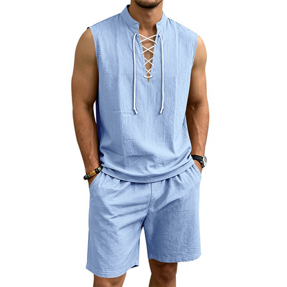 🧵 LIMITED-TIME 53% OFF! ✨ Men's Linen Sleeveless Set – Top & Shorts, Lace-Up, 7 Colors ☀️
