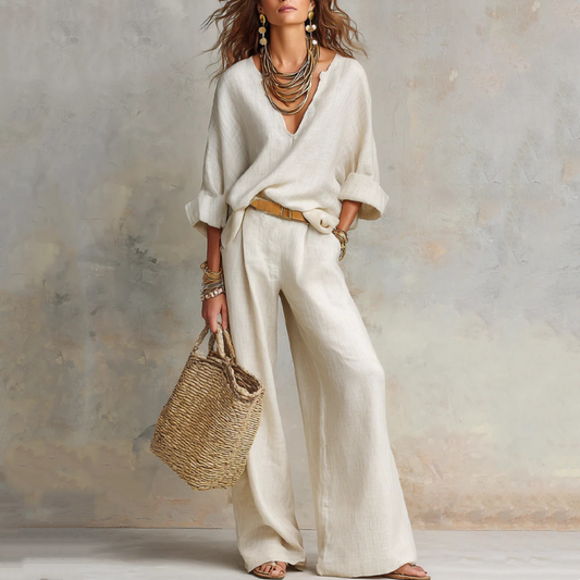 👚 50% OFF NOW! 🍁 Chic Women's V-Neck Top & Wide-Leg Pants Set – One outfit, zero styling stress – Soft, breathable & perfect for work or weekend – effortless elegance 👖