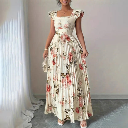 📢📢37% OFF !! ⏰Elegant Floral Print Pleated Maxi Dress