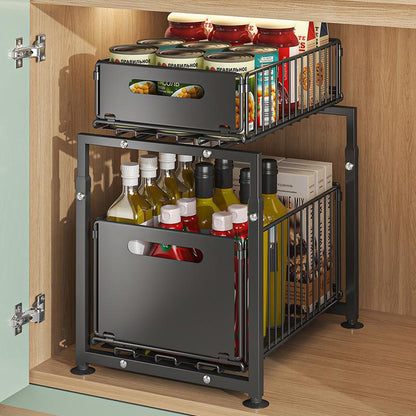 💪🥫Double-Tier Pull-Out Shelf Cabinet Organiser – 5 Height Adjustments, 2 Pull-Out Tiers, Carbon Steel & Large Capacity – No Assembly Required ✨