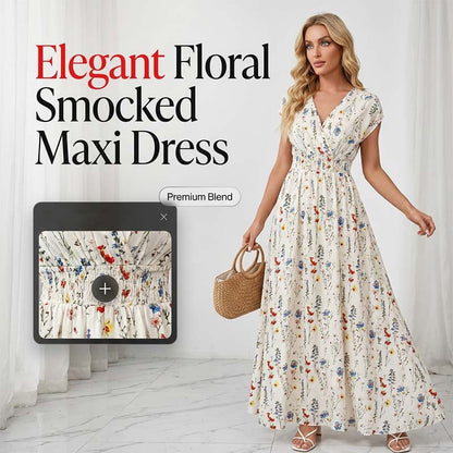 👗 LIMITED-TIME 50% OFF! ✨ Floral V-Neck Maxi Dress – Elegant Smocked Waist, Premium Fabric 💃
