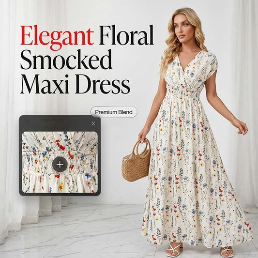 👗 LIMITED-TIME 50% OFF! ✨ Floral V-Neck Maxi Dress – Elegant Smocked Waist, Premium Fabric 💃
