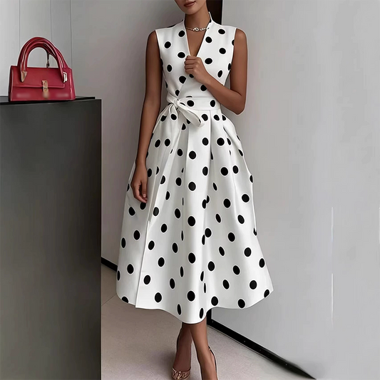 👗 LIMITED-TIME 50% OFF! 💥 Women's Polka Dot Sleeveless V-Neck Dress – Classic Print, Adjustable Tie, Versatile ✨