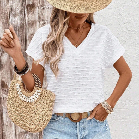 👕 LIMITED-TIME 50% OFF! ✨ Women's Elegant Short Sleeve V-Neck Top – Lightweight, Relaxed Fit, Day-to-Night 🌿