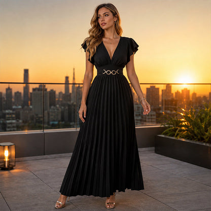 📢📢42% OFF !! ⏰Women Elegant V Neck Pleated Long Dress