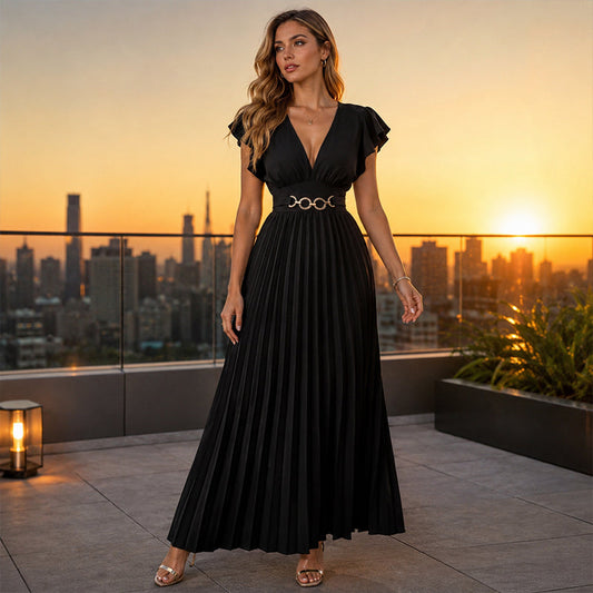 📢📢42% OFF !! ⏰Women Elegant V Neck Pleated Long Dress