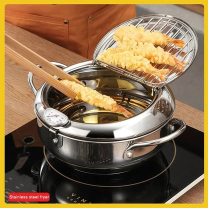 304 Stainless Steel Japanese Tempura Fryer Pot – Mini Deep Frying Pan with Thermometer & Oil Drain Rack