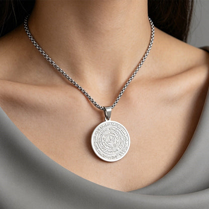 ⚡ Stainless Steel Engraved Round Pendant Necklace – Tarnish‑Resistant, Polished, Two‑Tone ✨