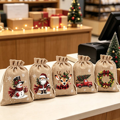 Christmas Drawstring Gift Bags – Festive Santa & Reindeer Prints, Double Drawstring Closure & Durable Fabric – Holiday Cheer in Every Gift ✨