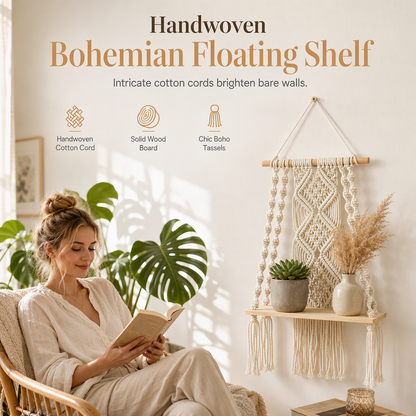 📢📢40% OFF !! ⏰Bohemian Hand Woven Macrame Wall Hanging Floating Shelf for Books and Plants Living Room Decor