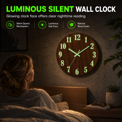 🕰️12-Inch Silent Wooden Wall Clock – Luminous Glow & MDF Wood Grain✨