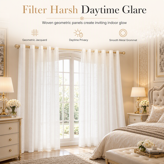 Geometric Greek Key Jacquard Sheer Curtain Panel – Light Filtering Window Drape with Precision Warp-Knit Mesh, UV Protection & Balanced Daytime Privacy – 3 Colors 3 Sizes for Living Dining & Bedroom 🏡