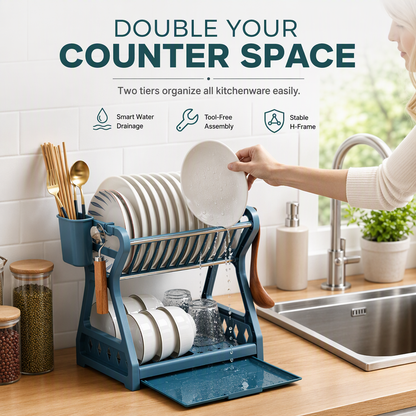 ⏰ Multi-Layer Steel Dish Drying Rack – Vertical Storage, Drip Tray, Tool-Free Install ✨