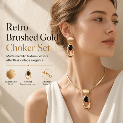 ✨ Vintage Choker & Earring Set – Brushed Gold-Tone Finish & Black Stone Accents for Elegant Evenings